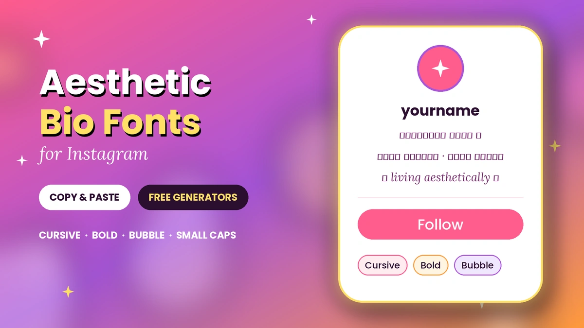 Aesthetic bio fonts for Instagram displayed on a colorful phone mockup with cursive, bold, and bubble Unicode text styles