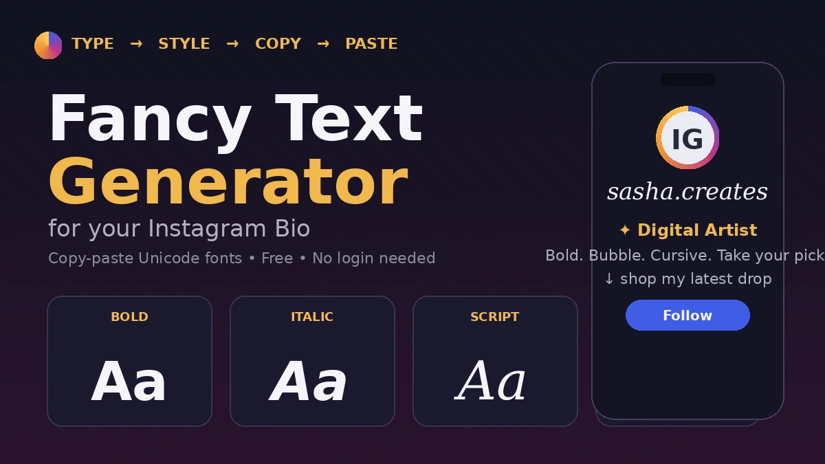 Fancy text generator for Instagram bio showing bold, italic, script, and spaced Unicode font styles
