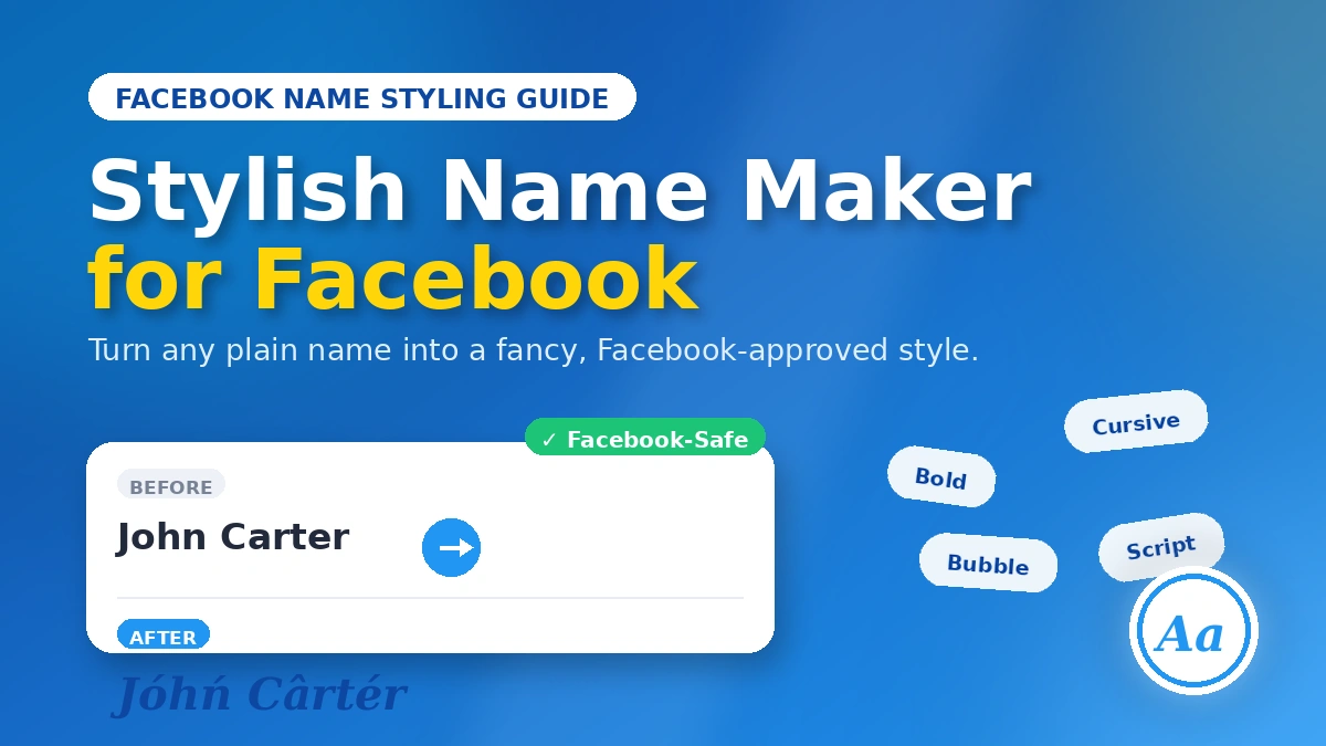 Stylish name maker for Facebook — before and after example showing a plain name transformed into a fancy Facebook-safe style